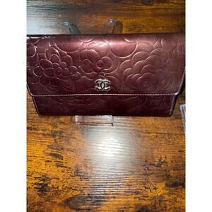 Chanel Camellia Embossed Patent Leather Flap Wallet on chain
